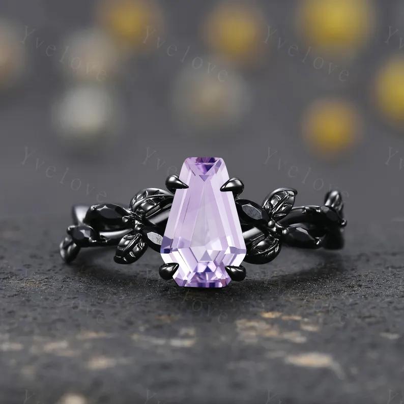 Coffin Shape Lavender Amethyst Ring,Vintage Twig Vine Leaf Ring,Antique Black Spinel Bridal Promise Ring Nature Inspired 14k Black Gold