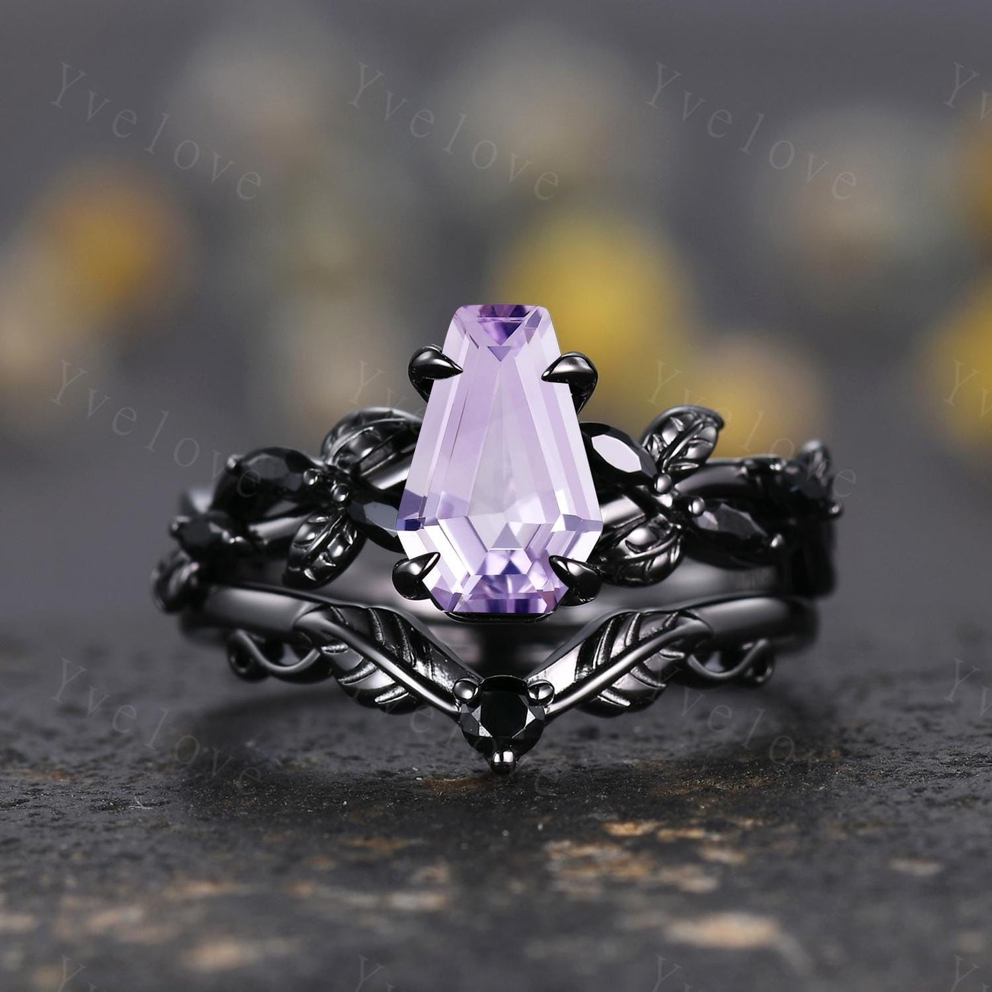 Coffin Shape Lavender Amethyst Ring,Vintage Twig Vine Leaf Ring,Antique Black Spinel Bridal Promise Ring Set Nature Inspired Black Gold band