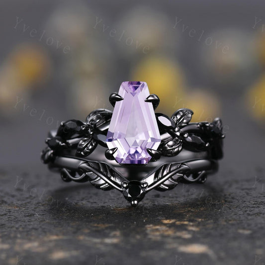 Coffin Shape Lavender Amethyst Ring,Vintage Twig Vine Leaf Ring,Antique Black Spinel Bridal Promise Ring Set Nature Inspired Black Gold band