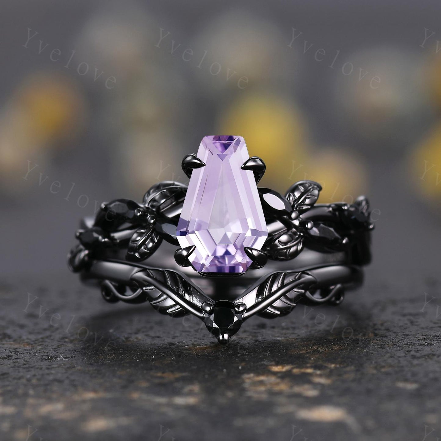 Coffin Shape Lavender Amethyst Ring,Vintage Twig Vine Leaf Ring,Antique Black Spinel Bridal Promise Ring Nature Inspired 14k Black Gold