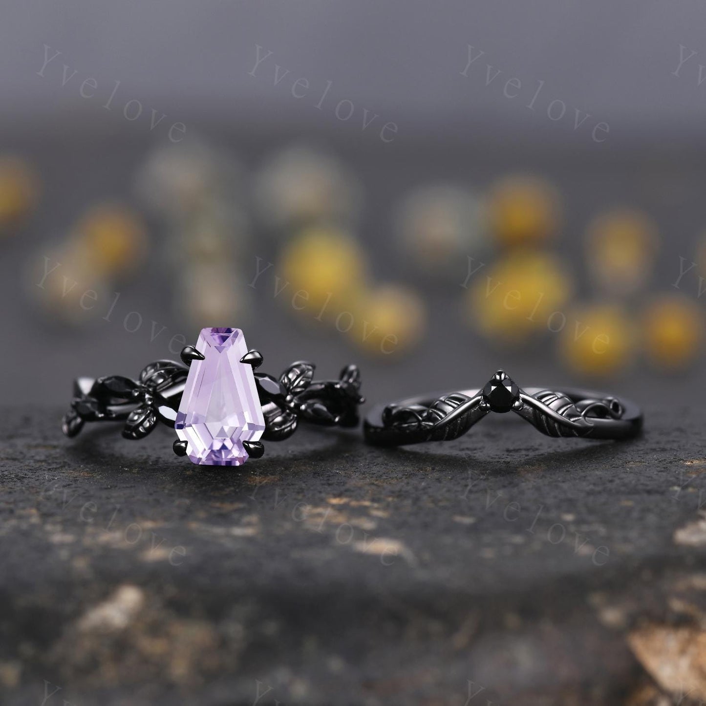 Coffin Shape Lavender Amethyst Ring,Vintage Twig Vine Leaf Ring,Antique Black Spinel Bridal Promise Ring Set Nature Inspired Black Gold band