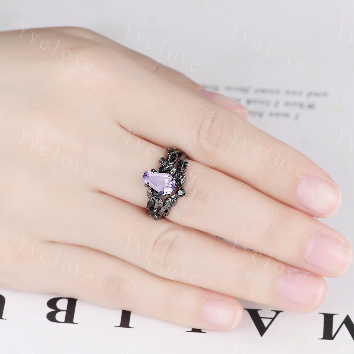 Coffin Shape Lavender Amethyst Ring,Vintage Twig Vine Leaf Ring,Antique Black Spinel Bridal Promise Ring Set Nature Inspired Black Gold band