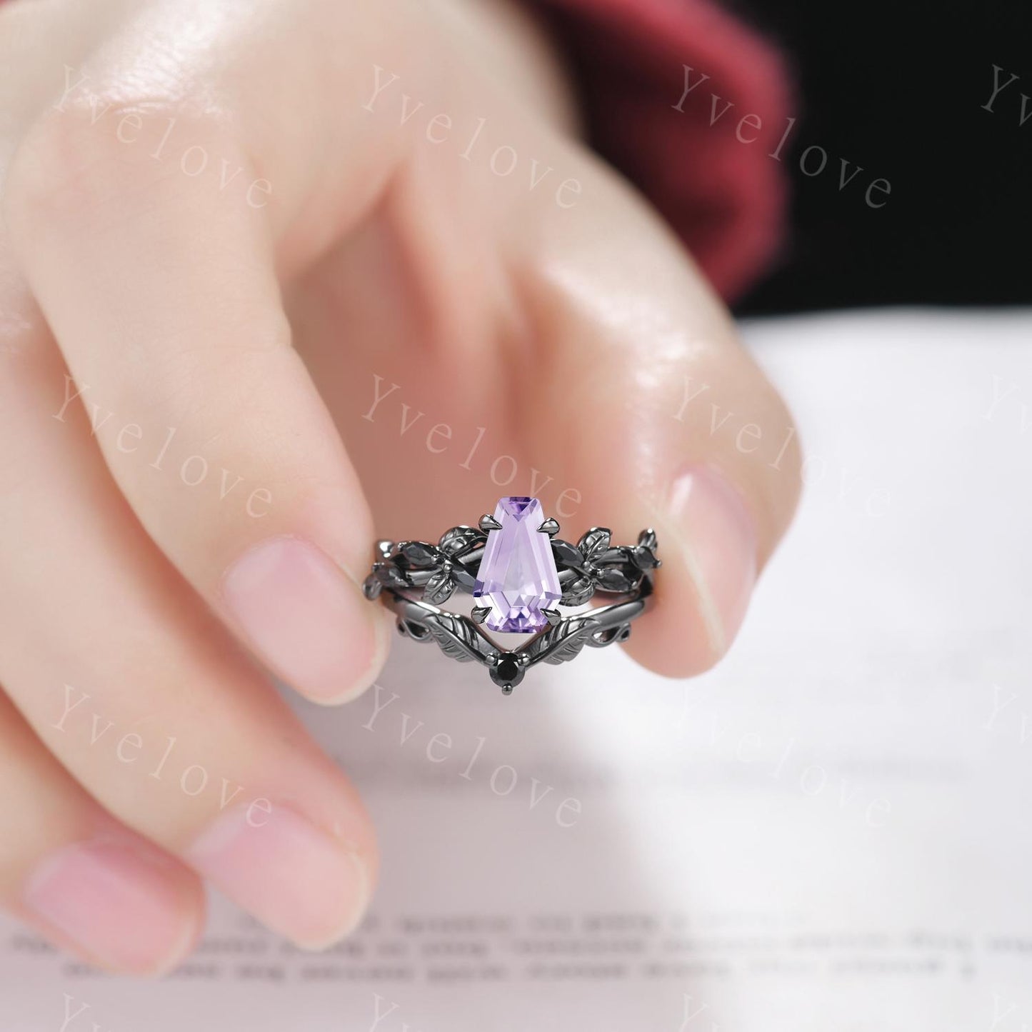Coffin Shape Lavender Amethyst Ring,Vintage Twig Vine Leaf Ring,Antique Black Spinel Bridal Promise Ring Nature Inspired 14k Black Gold