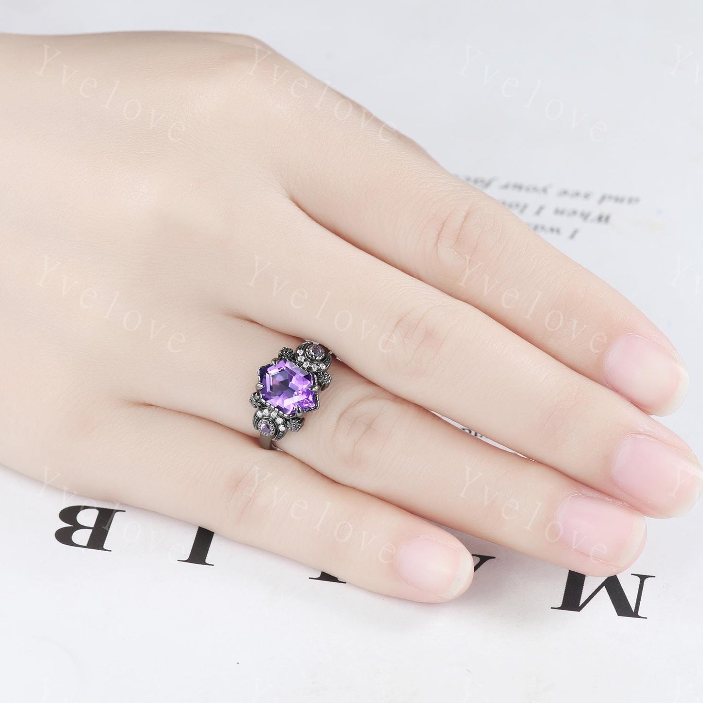 Nature Inspired Hexagon Amethyst Engagement Ring,Unique Celestial Moon Ring,Amethyst Cluster Ring,Black Gold,Women Art Deco Promise Ring