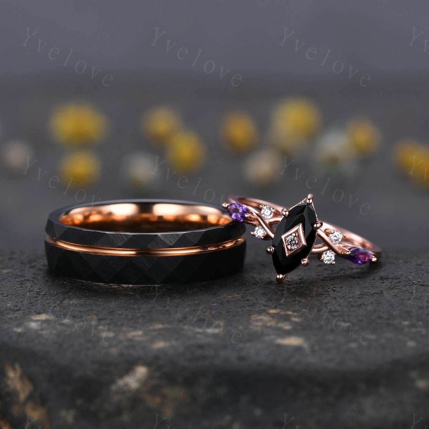 Unique Black Onyx Couples Ring Set Tungsten Rose Gold Matching Wedding Band Set Black Onyx Amethyst Engagement Ring Gift For Men For Women