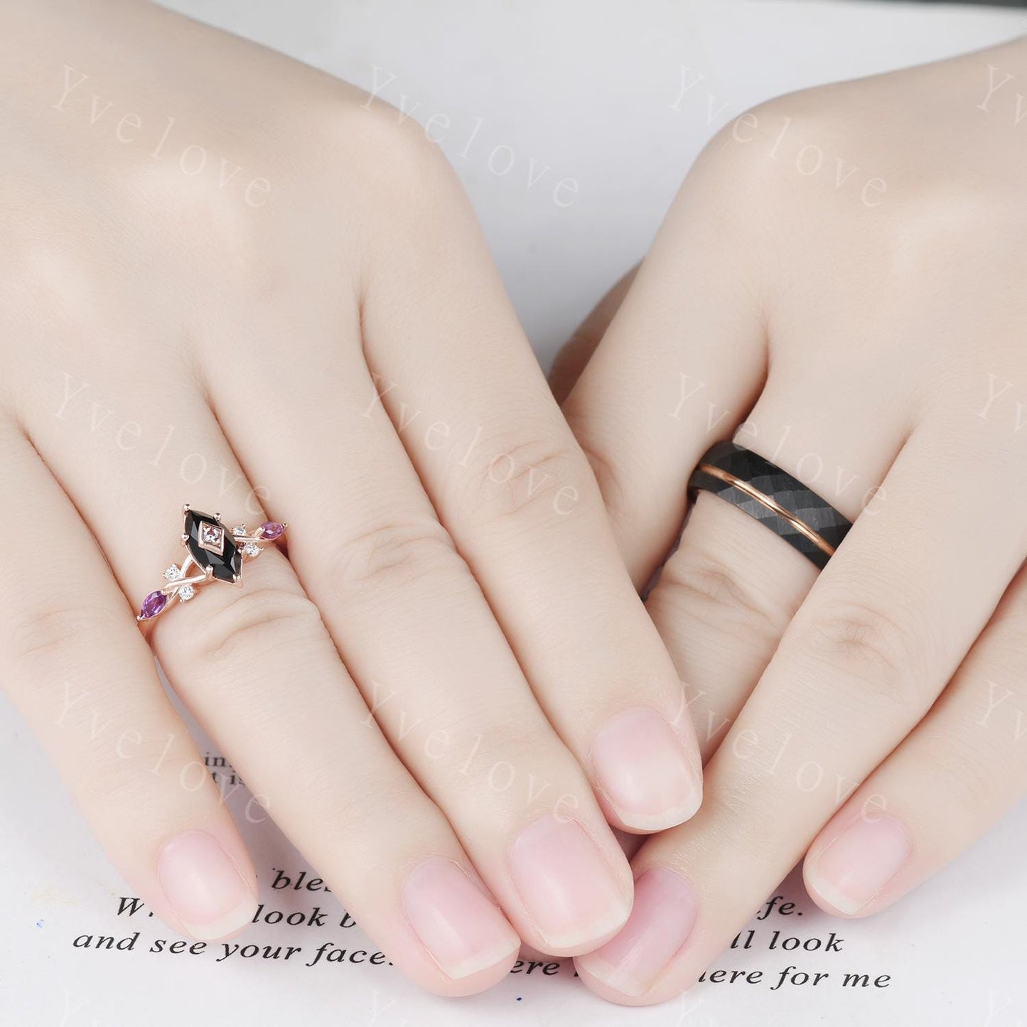 Unique Black Onyx Couples Ring Set Tungsten Rose Gold Matching Wedding Band Set Black Onyx Amethyst Engagement Ring Gift For Men For Women