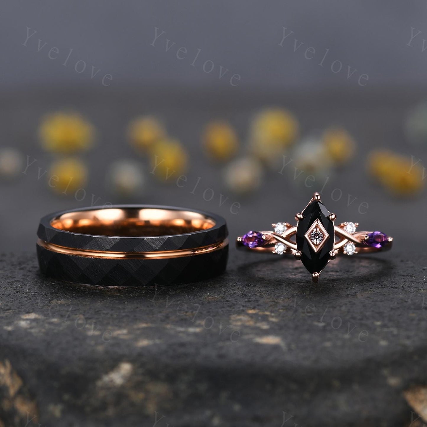 Unique Black Onyx Couples Ring Set Tungsten Rose Gold Matching Wedding Band Set Black Onyx Amethyst Engagement Ring Gift For Men For Women