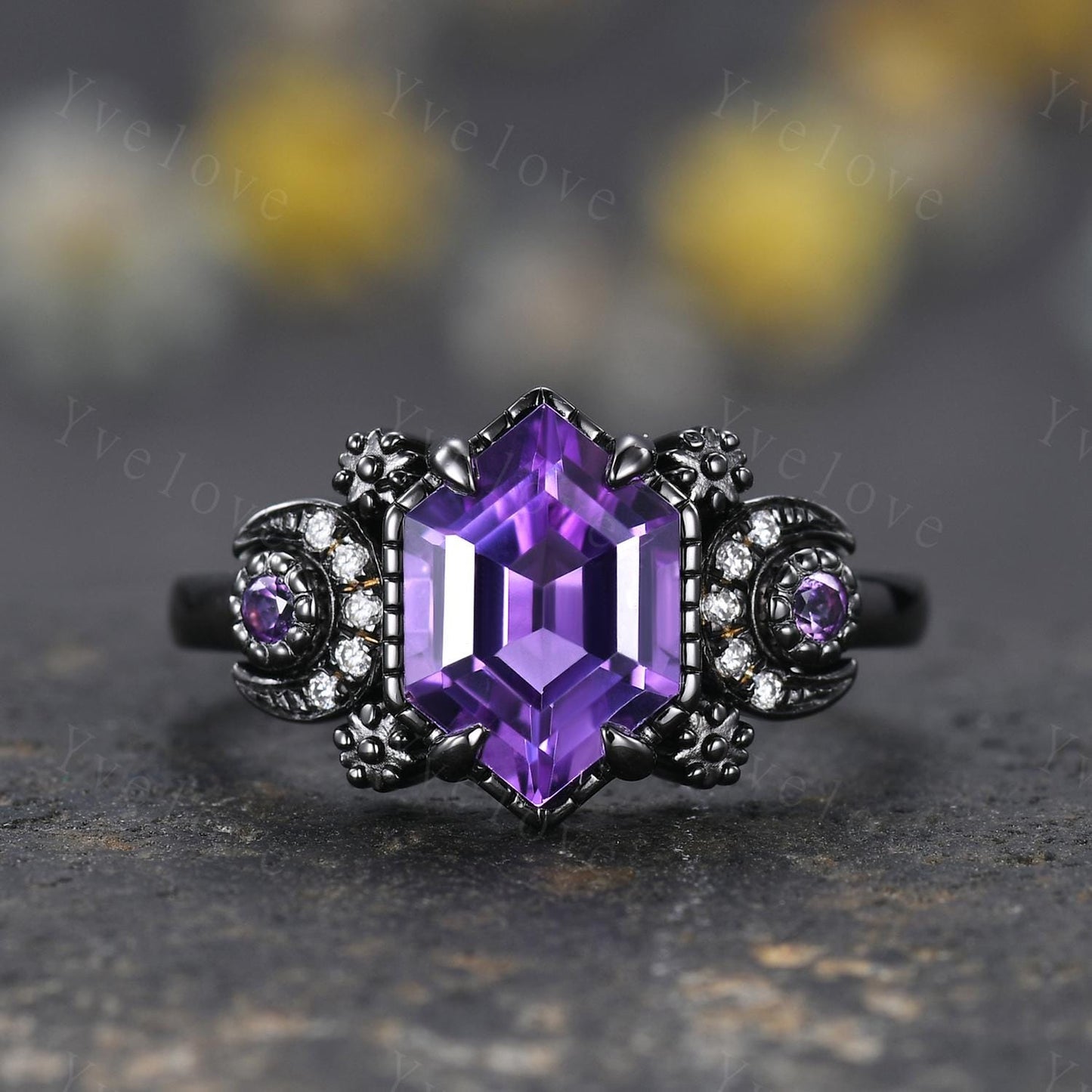 Gothic Amethyst Moon Couples Ring His and Hers Ring Set Tungsten Purple Matching Unique Wedding Band Outer Space Ring Promise Ring Gift