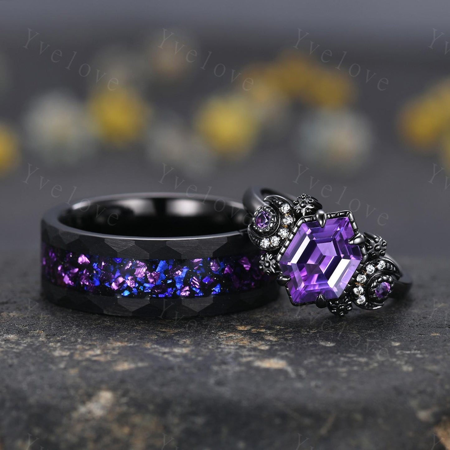 Gothic Amethyst Moon Couples Ring His and Hers Ring Set Tungsten Purple Matching Unique Wedding Band Outer Space Ring Promise Ring Gift