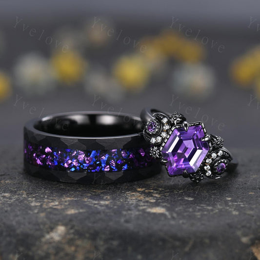 Gothic Amethyst Moon Couples Ring His and Hers Ring Set Tungsten Purple Matching Unique Wedding Band Outer Space Ring Promise Ring Gift