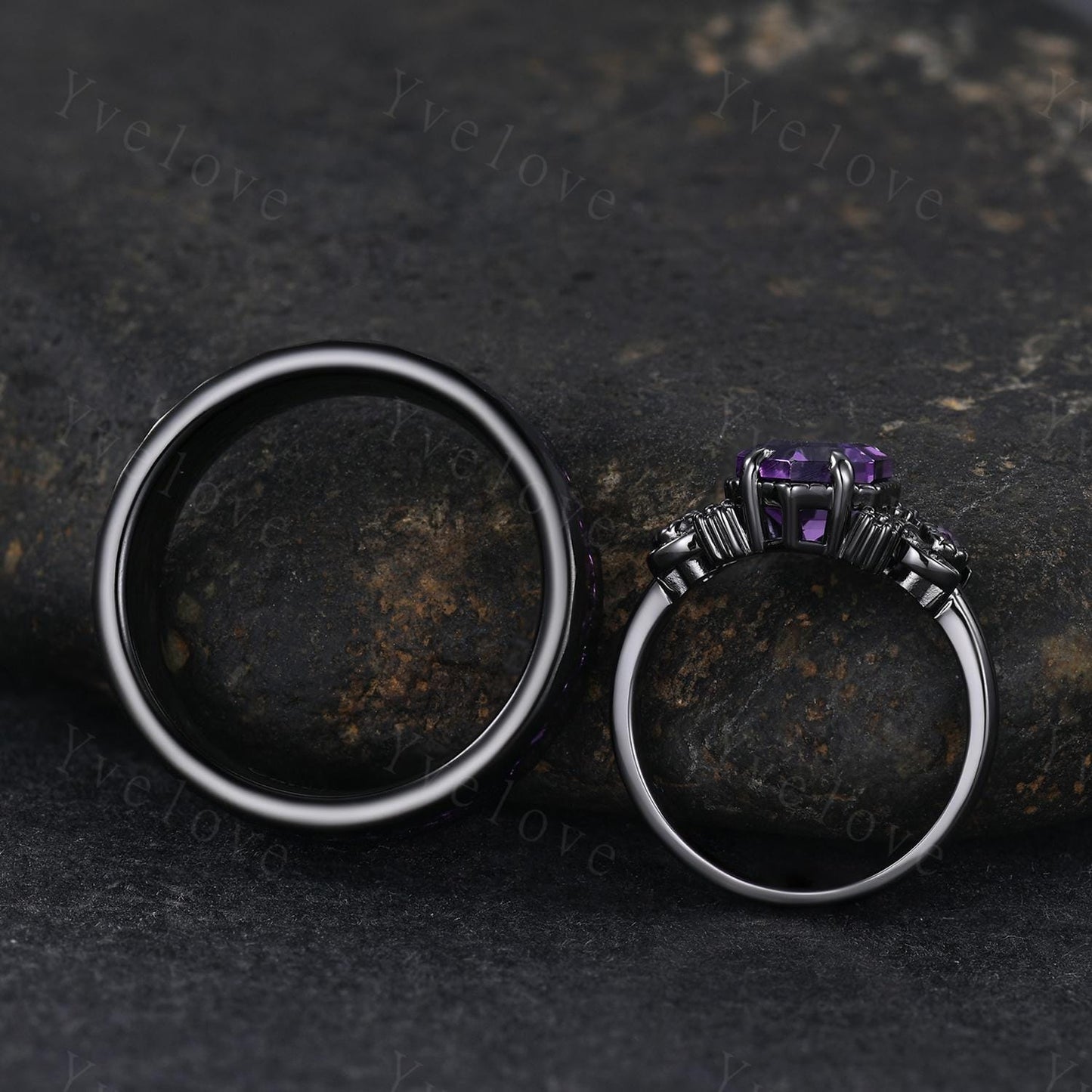 Gothic Amethyst Moon Couples Ring His and Hers Ring Set Tungsten Purple Matching Unique Wedding Band Outer Space Ring Promise Ring Gift