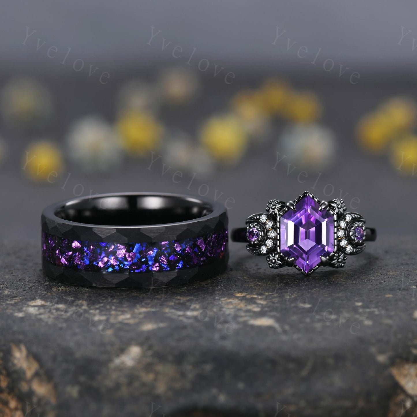 Gothic Amethyst Moon Couples Ring His and Hers Ring Set Tungsten Purple Matching Unique Wedding Band Outer Space Ring Promise Ring Gift