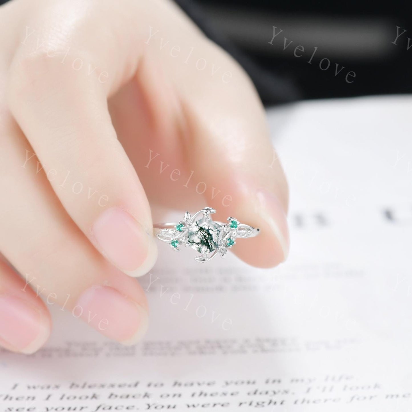 Vintage Moss Agate Couple Rings His and Hers Wedding Band Nature Inspired Green Gems Couple Ring Set Sterling Silver Bridal Promise Gift