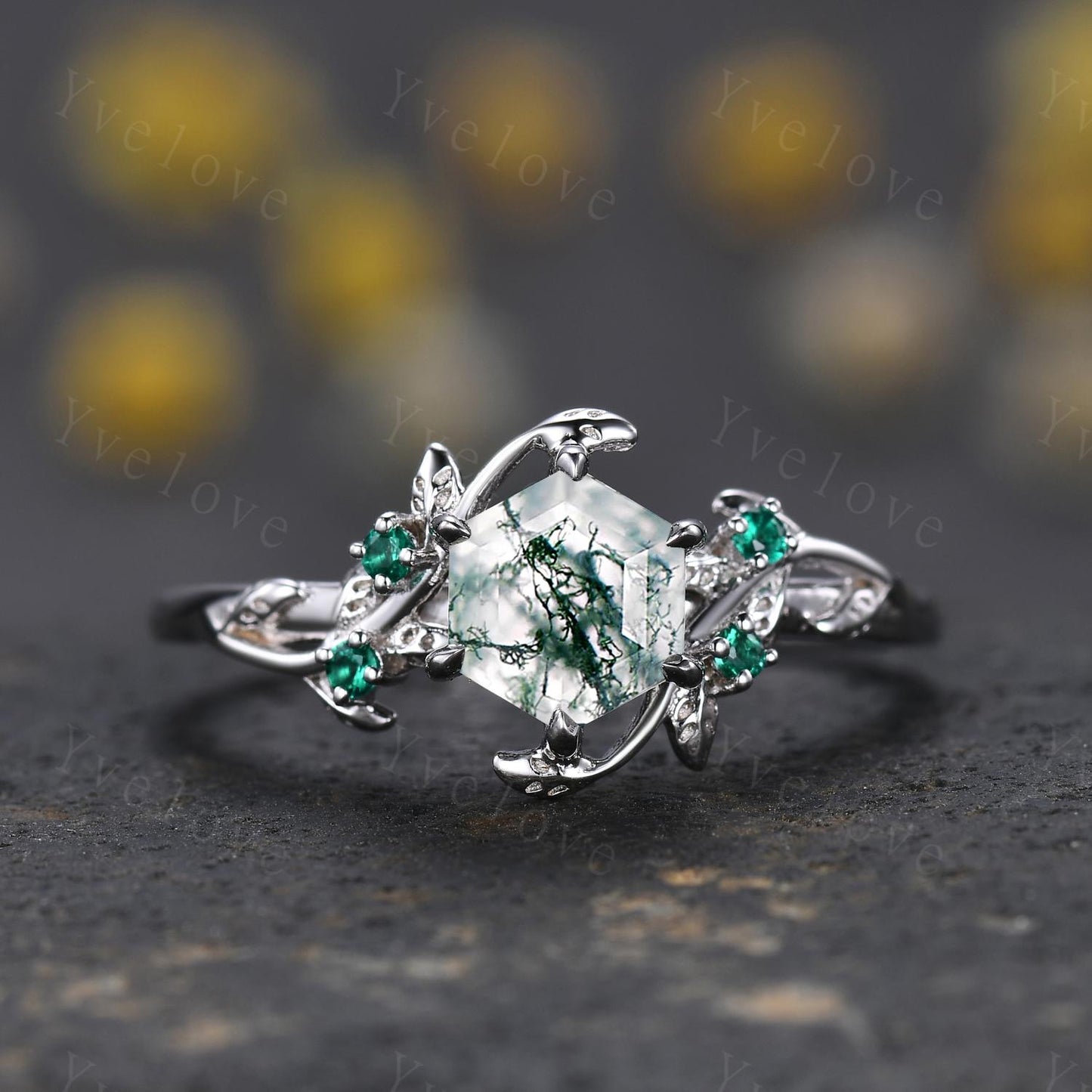 Vintage Moss Agate Couple Rings His and Hers Wedding Band Nature Inspired Green Gems Couple Ring Set Sterling Silver Bridal Promise Gift