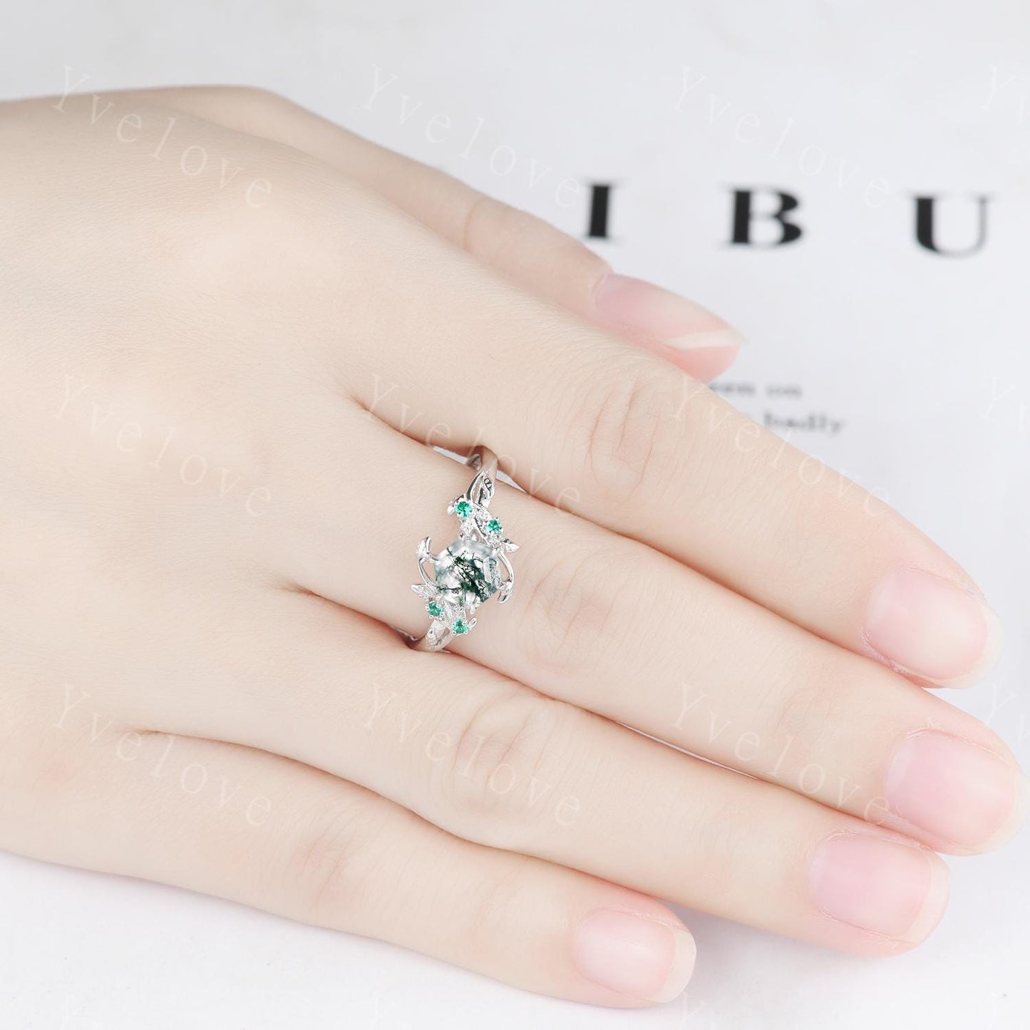 Vintage Moss Agate Couple Rings His and Hers Wedding Band Nature Inspired Green Gems Couple Ring Set Sterling Silver Bridal Promise Gift