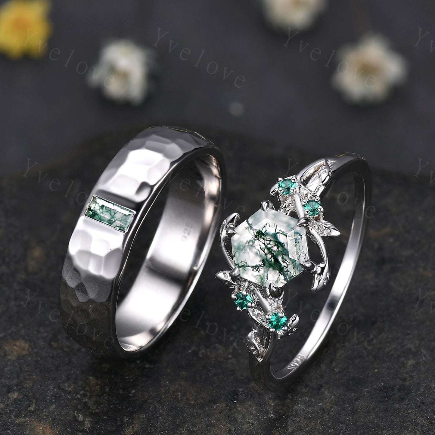 Vintage Moss Agate Couple Rings His and Hers Wedding Band Nature Inspired Green Gems Couple Ring Set Sterling Silver Bridal Promise Gift