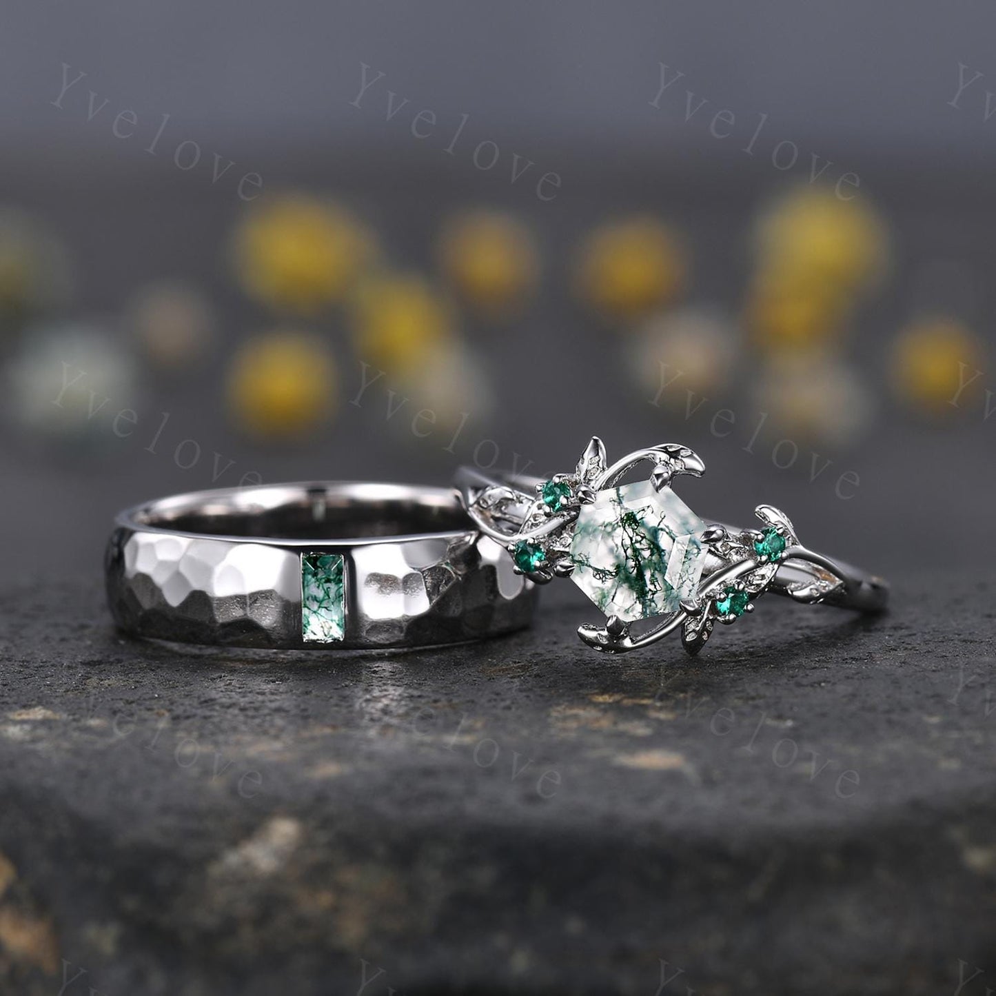 Vintage Moss Agate Couple Rings His and Hers Wedding Band Nature Inspired Green Gems Couple Ring Set Sterling Silver Bridal Promise Gift