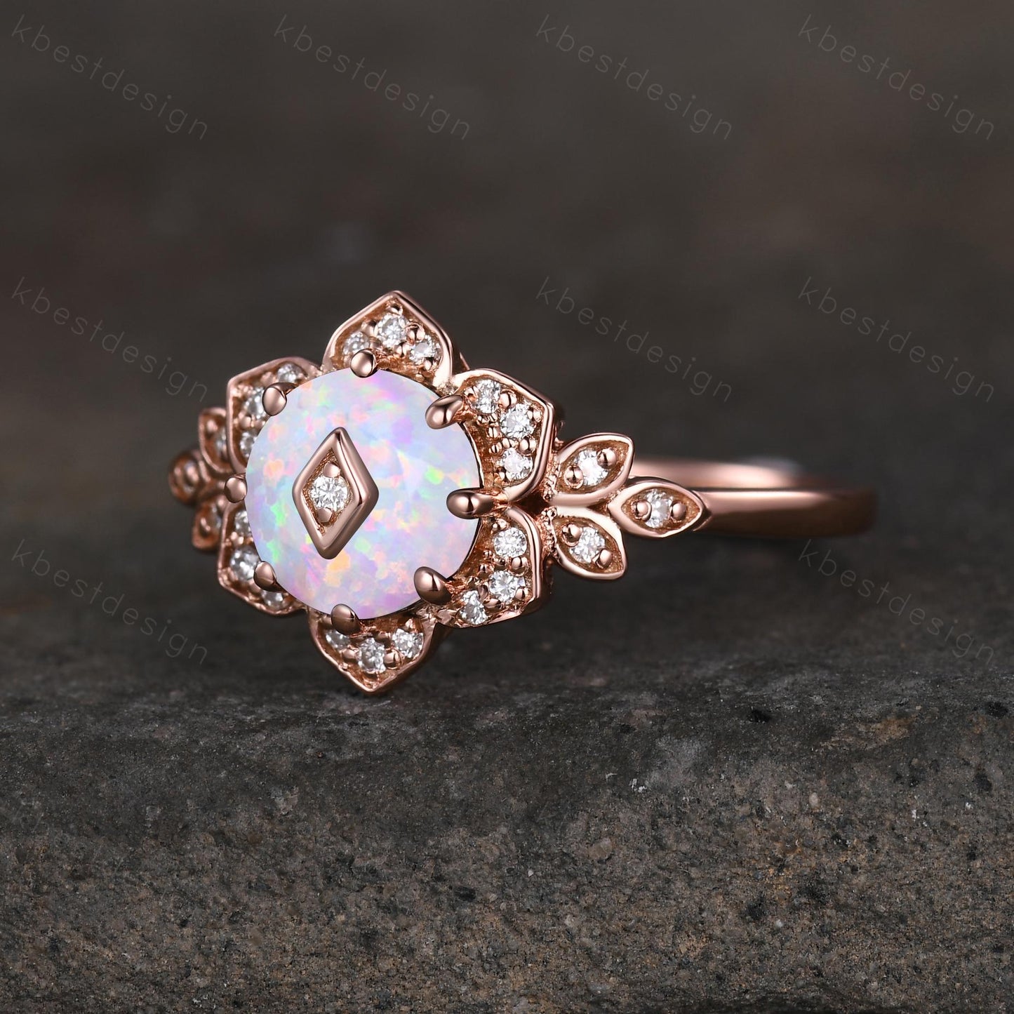 Vintage round White Opal engagement ring antique moissanite halo ring rose gold floral petal ring Nature inspired ring Promise ring