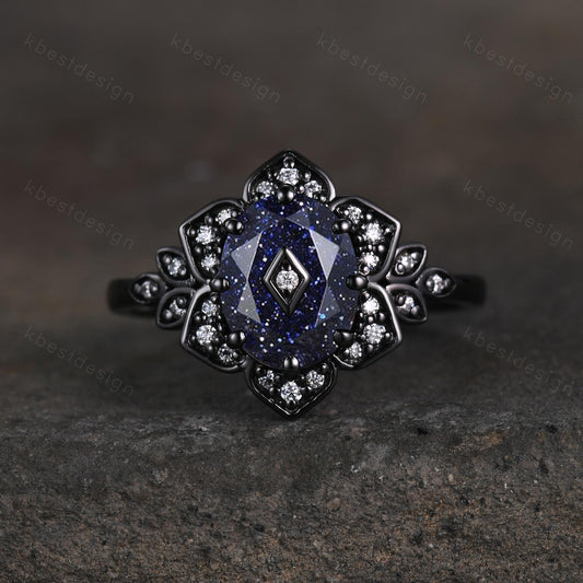 Antique blue sandstone engagement ring Black gold ring Art deco floral design moissanite wedding ring unique petal ring bridal promise ring