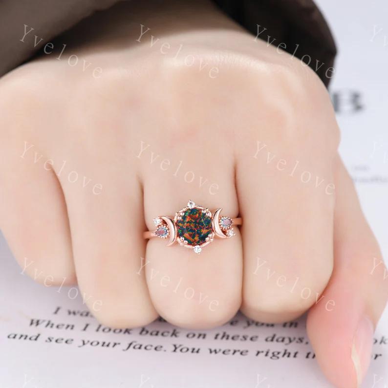Round black fire opal ring gothic cluster ring black gold unique engagement ring retro moon star diamond promise wedding ring celestial gift