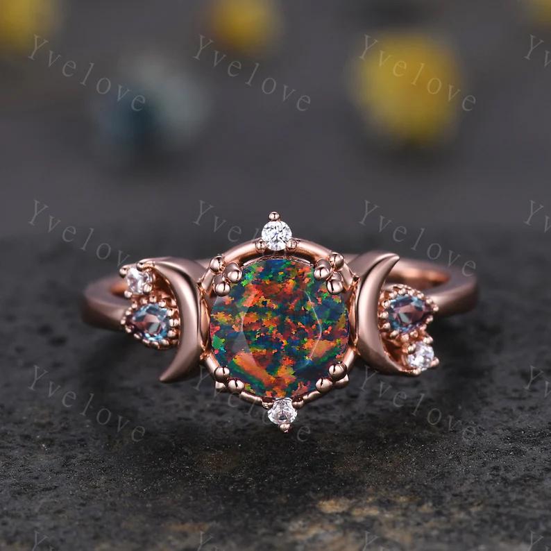 Round black fire opal ring gothic cluster ring black gold unique engagement ring retro moon star diamond promise wedding ring celestial gift