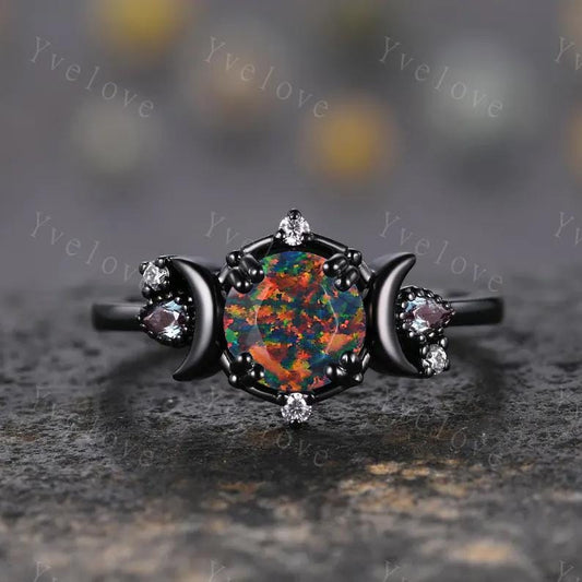 Round black fire opal ring gothic cluster ring black gold unique engagement ring retro moon star diamond promise wedding ring celestial gift