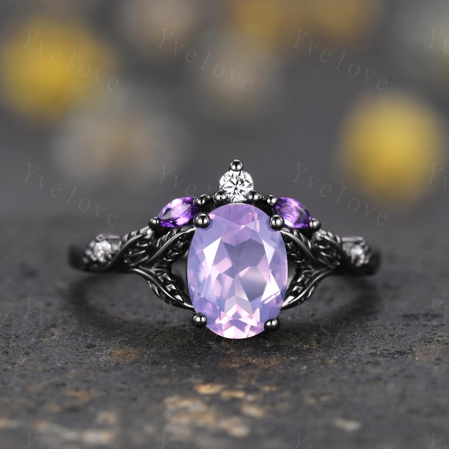 Purple Lavender Amethyst Engagement Ring February Birthstone Oval Amethyst Ring Black Gold Leaf Nature Inspired Bridal Ring Personalized