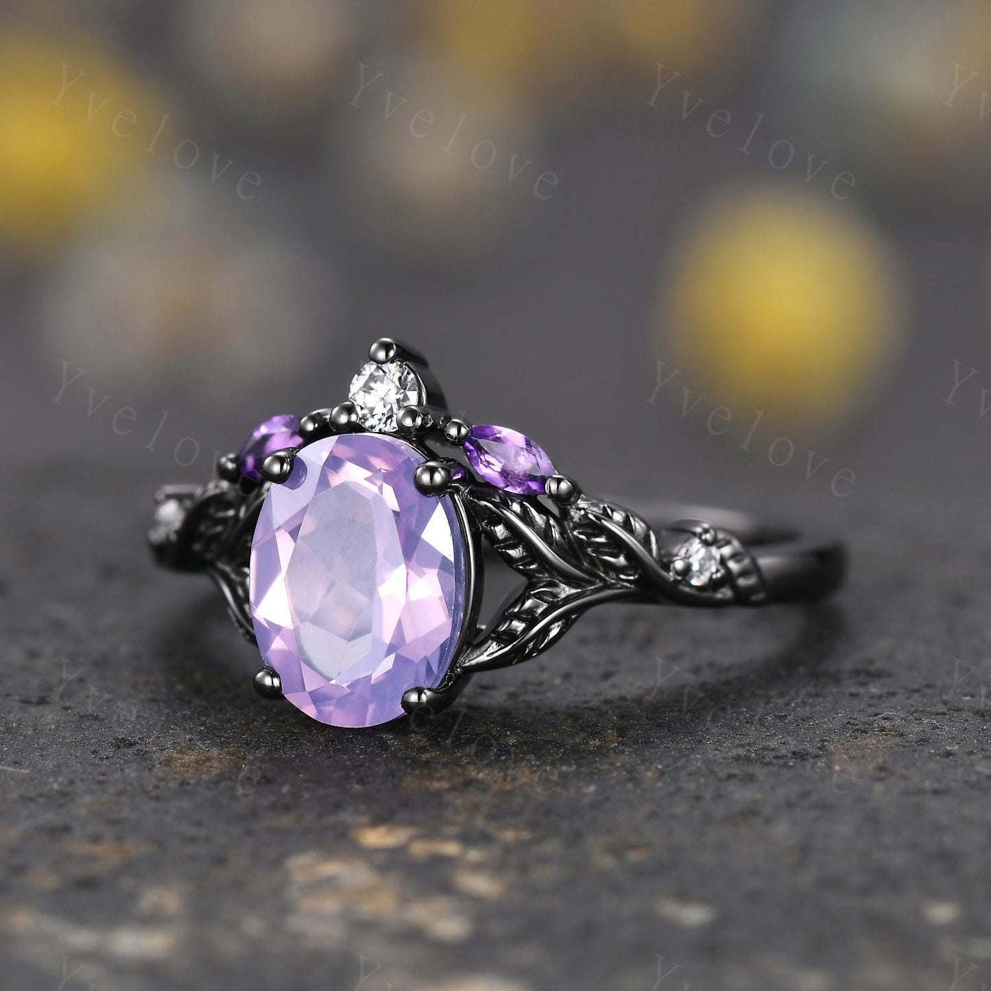 Purple Lavender Amethyst Engagement Ring February Birthstone Oval Amethyst Ring Black Gold Leaf Nature Inspired Bridal Ring Personalized