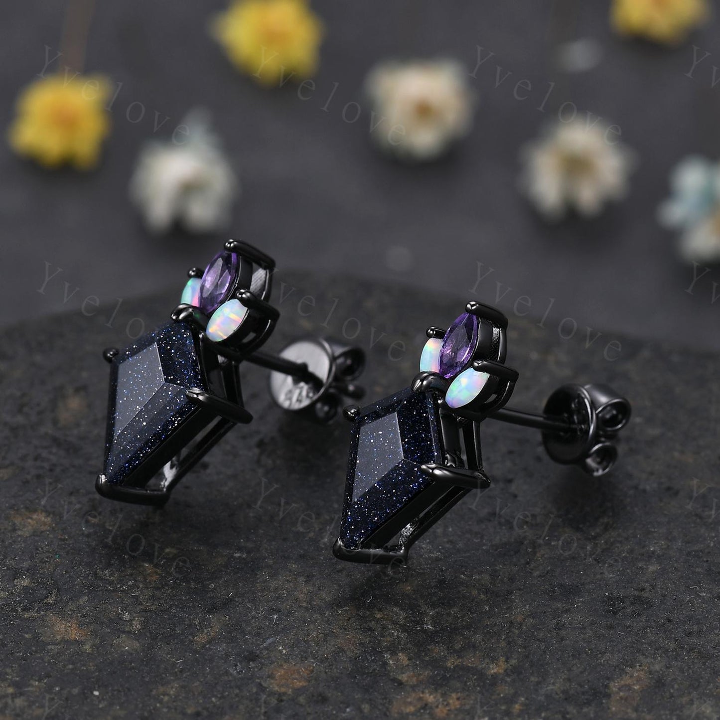 Art deco kite cut blue sandstone earrings starry night sandstone jewelry opal amethyst stud earrings women earring anniversary gift for her