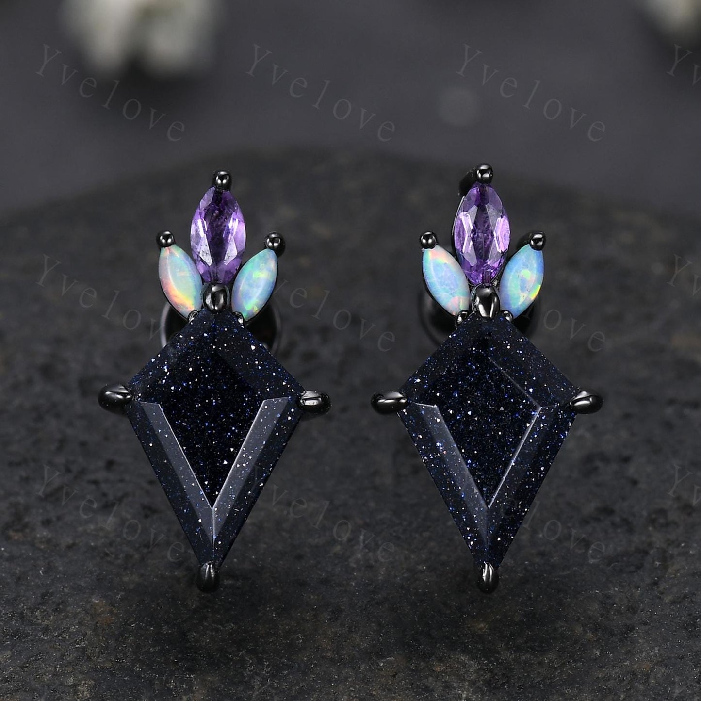 Art deco kite cut blue sandstone earrings starry night sandstone jewelry opal amethyst stud earrings women earring anniversary gift for her
