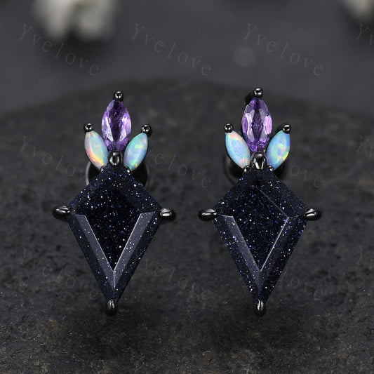Art deco kite cut blue sandstone earrings starry night sandstone jewelry opal amethyst stud earrings women earring anniversary gift for her