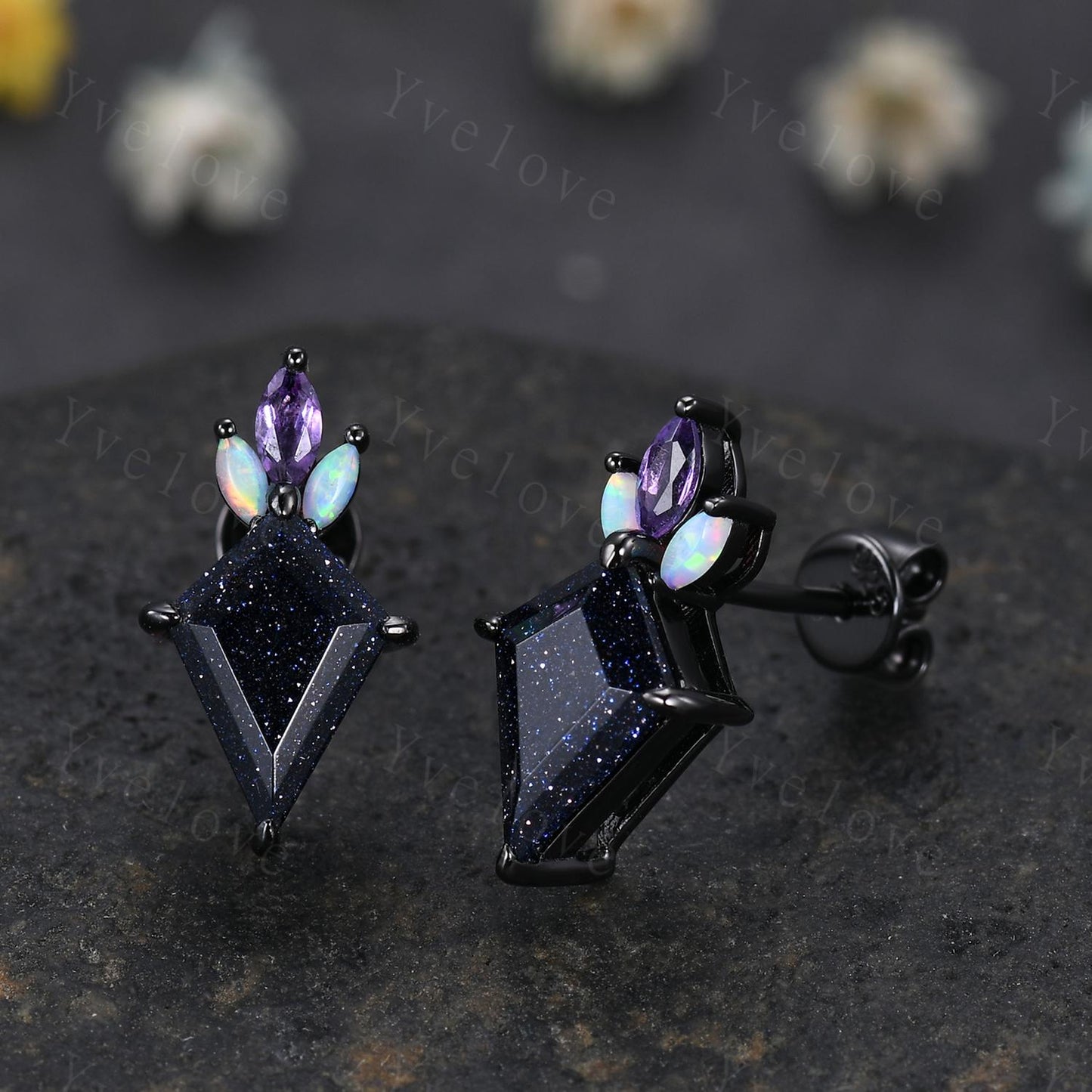 Art deco kite cut blue sandstone earrings starry night sandstone jewelry opal amethyst stud earrings women earring anniversary gift for her