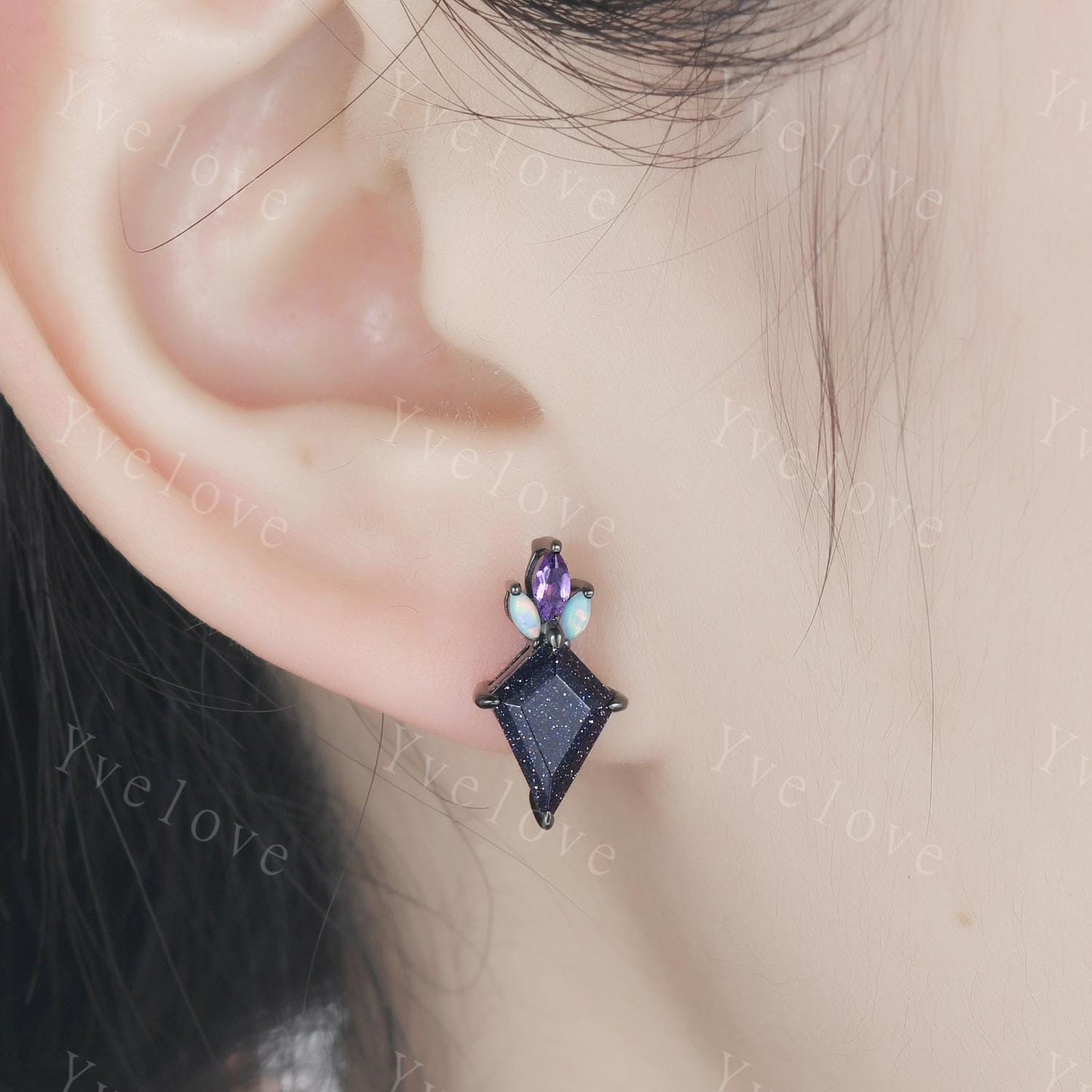Art deco kite cut blue sandstone earrings starry night sandstone jewelry opal amethyst stud earrings women earring anniversary gift for her