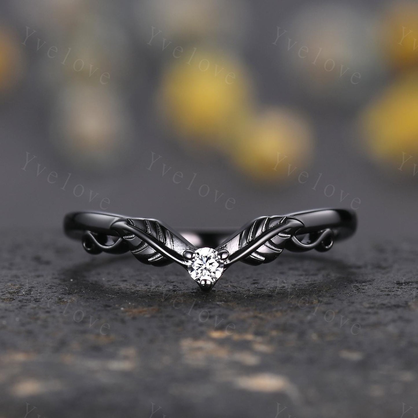 Retro Moissanite Engagement Ring,Twig Leaf Matching Band,Women Vine Band,Gothic V Curved Branch Wedding Band,Black Gold Wedding Band Gift