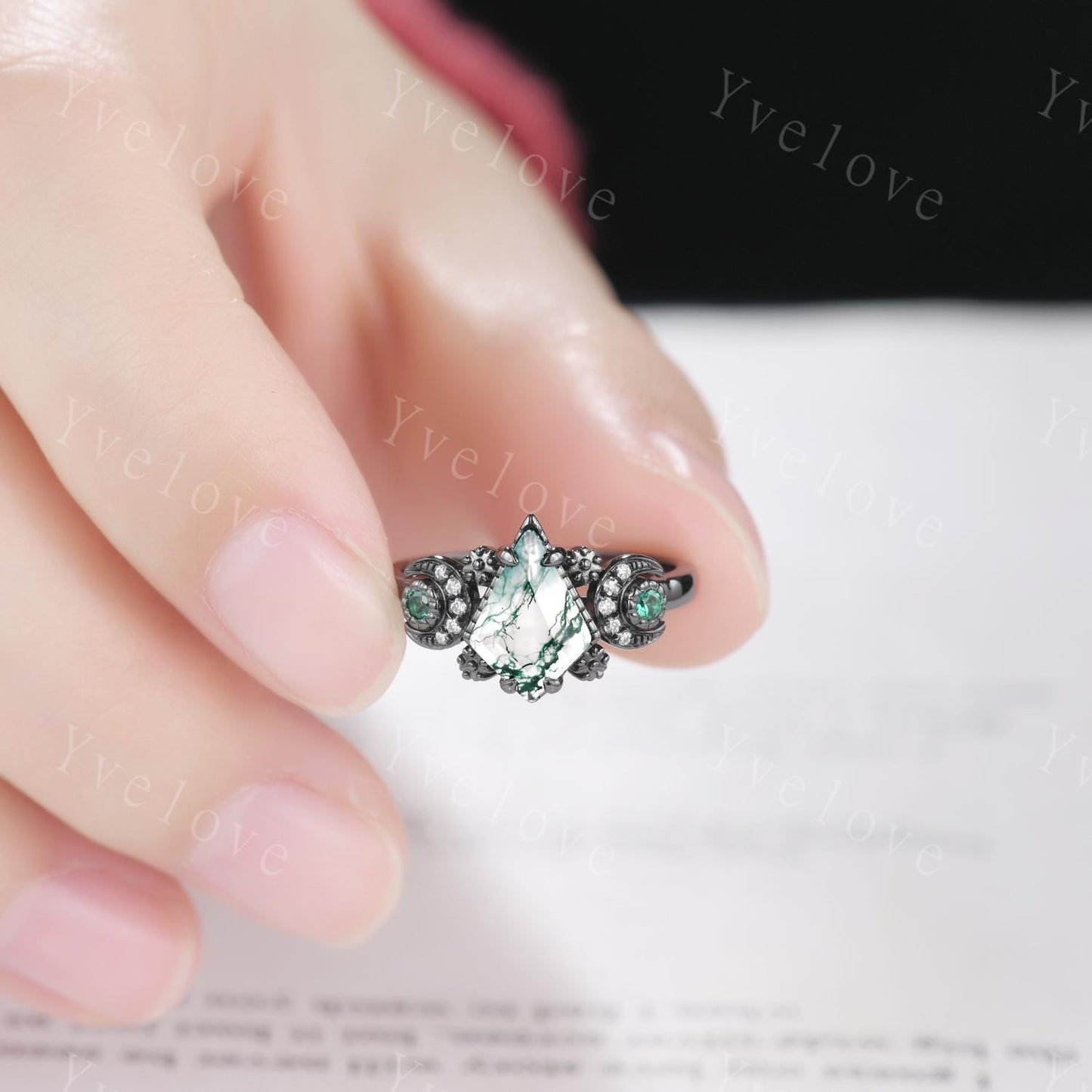 Nature Inspired Kite Moss Agate Engagement Ring,Unique Celestial Moon Ring,Green Emerald Cluster Ring,Black Gold,Women Statement Ring Gift