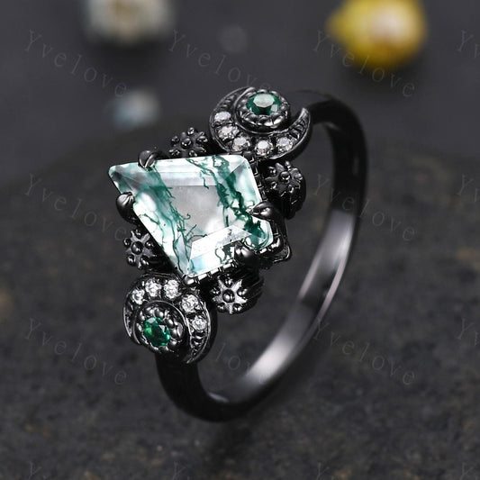 Nature Inspired Kite Moss Agate Engagement Ring,Unique Celestial Moon Ring,Green Emerald Cluster Ring,Black Gold,Women Statement Ring Gift