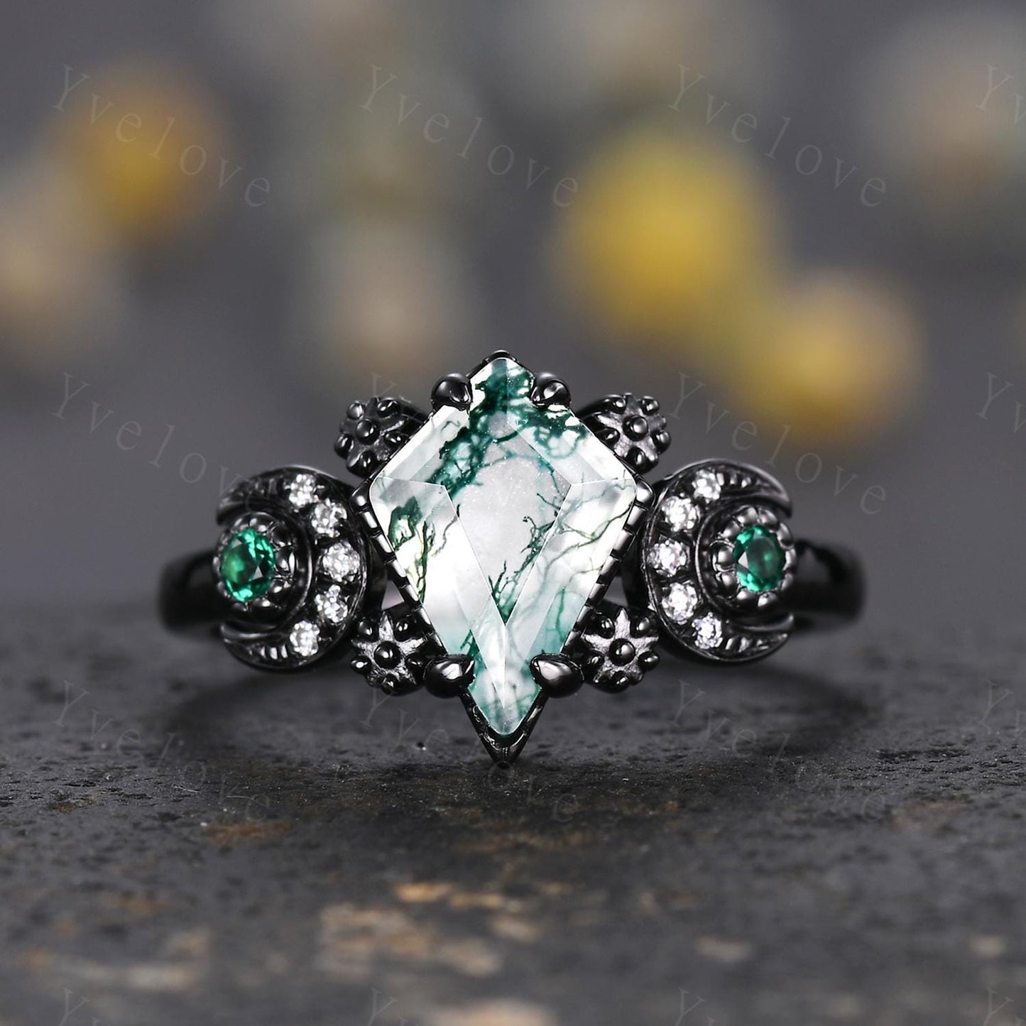 Nature Inspired Kite Moss Agate Engagement Ring,Unique Celestial Moon Ring,Green Emerald Cluster Ring,Black Gold,Women Statement Ring Gift