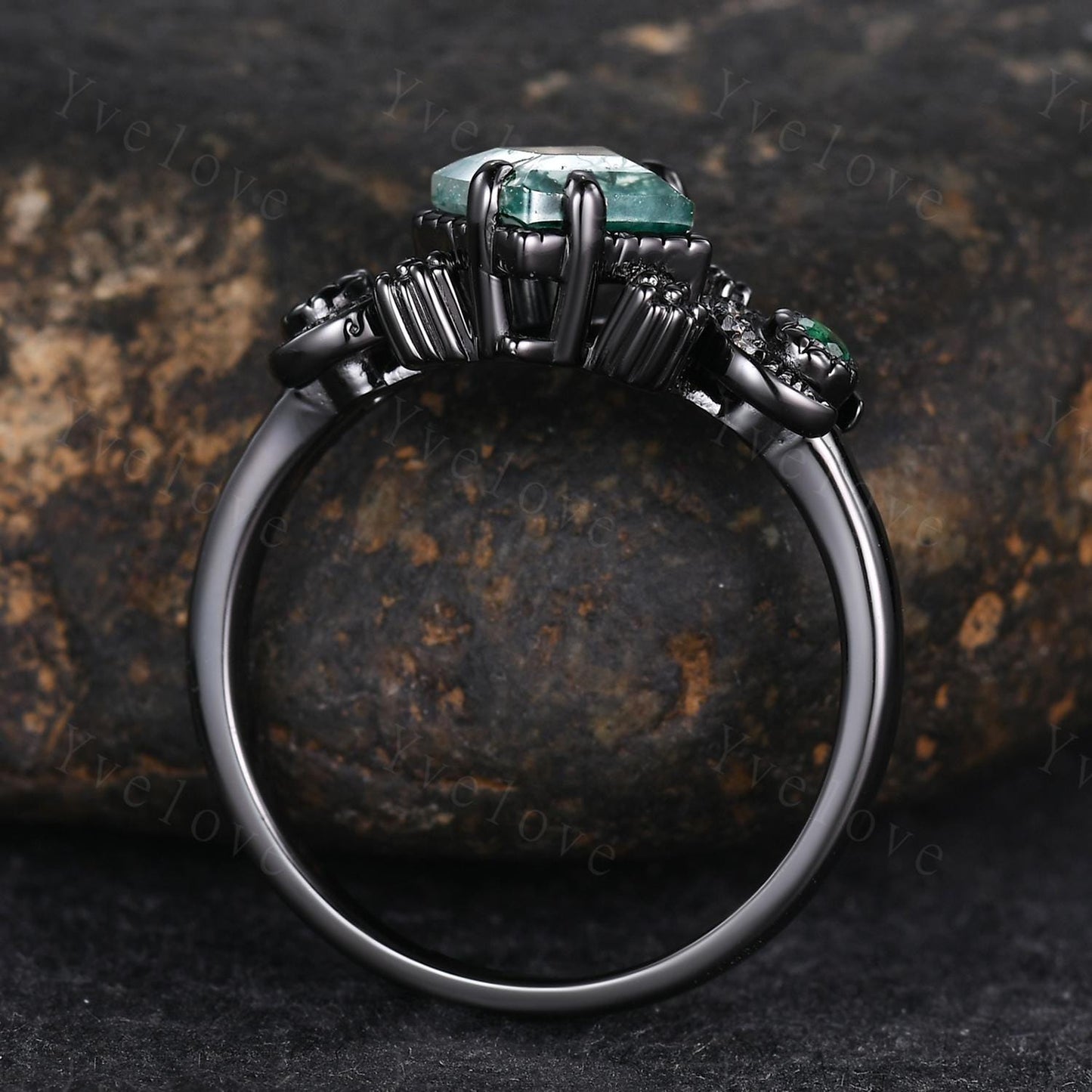 Nature Inspired Kite Moss Agate Engagement Ring,Unique Celestial Moon Ring,Green Emerald Cluster Ring,Black Gold,Women Statement Ring Gift