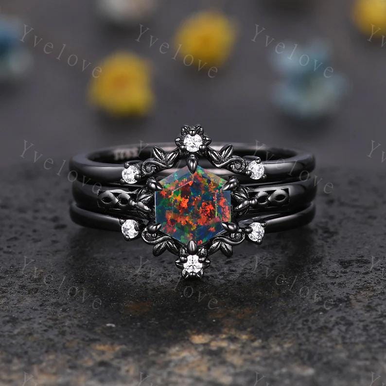 Hexagon Shaped Black fire Opal Engagement Ring Set 925 Silver Vintage Opal Wedding Ring Enhancer Band Art Deco Bridal  Ring Set For Women