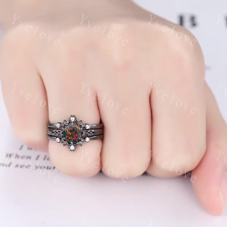 Hexagon Shaped Black fire Opal Engagement Ring Set 925 Silver Vintage Opal Wedding Ring Enhancer Band Art Deco Bridal  Ring Set For Women