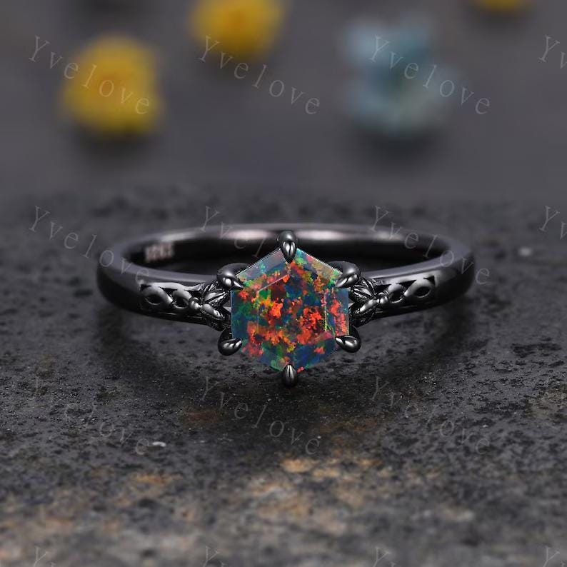 Hexagon Shaped Black fire Opal Engagement Ring Set 925 Silver Vintage Opal Wedding Ring Enhancer Band Art Deco Bridal  Ring Set For Women
