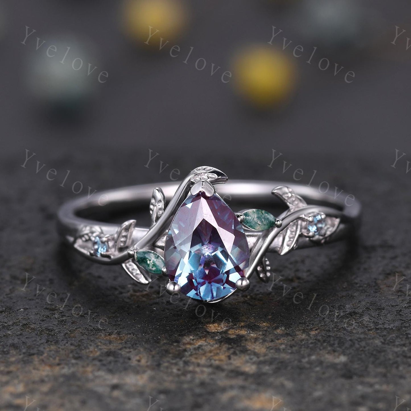 Teardrop Alexandrite Moss Agate Ring,Vintage Vine Leaf Ring,Alexandrite Engagement Ring,Celtic Unique Handmade Promise Gifts for Her,Custom