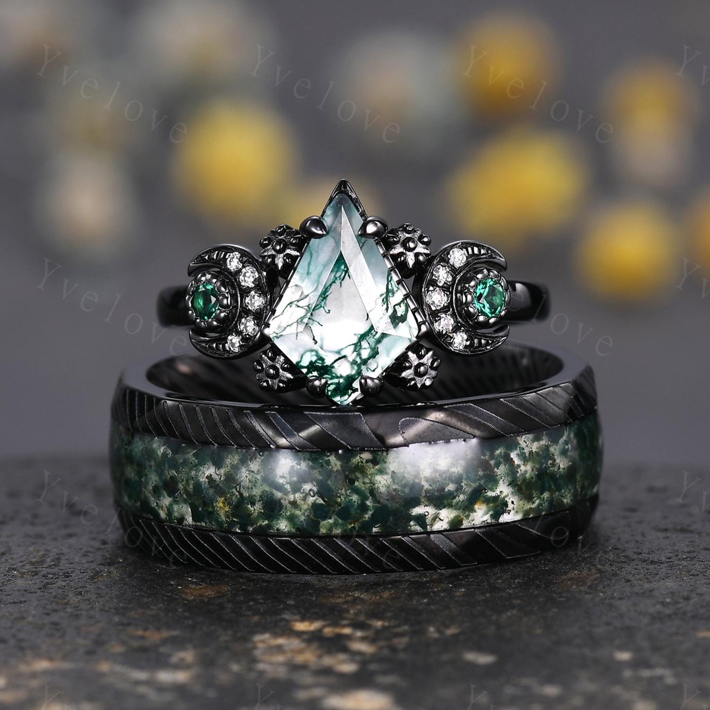Unique Kite Cut Moss Agate Couple Ring Set Gothic Black Gold Couple Wedding Band Mens Moss Agate Tungsten Ring Couples Promise Ring Set