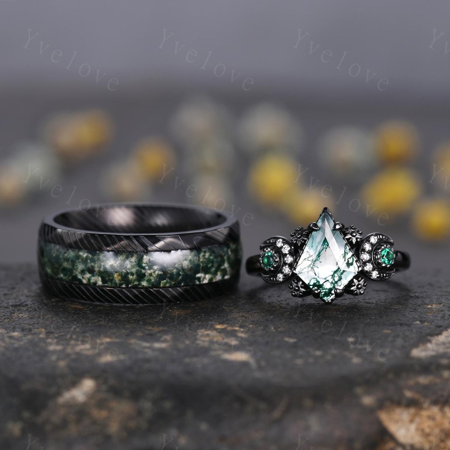 Unique Kite Cut Moss Agate Couple Ring Set Gothic Black Gold Couple Wedding Band Mens Moss Agate Tungsten Ring Couples Promise Ring Set
