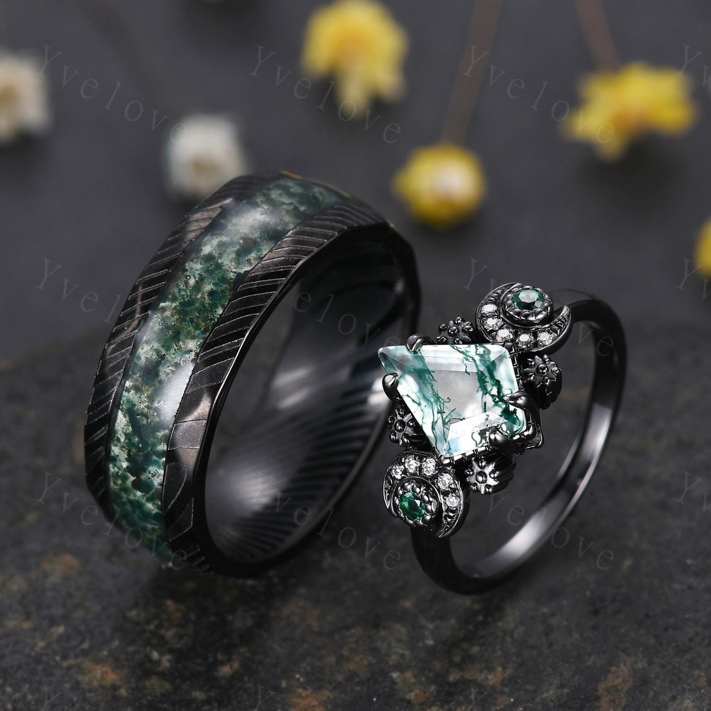 Unique Kite Cut Moss Agate Couple Ring Set Gothic Black Gold Couple Wedding Band Mens Moss Agate Tungsten Ring Couples Promise Ring Set