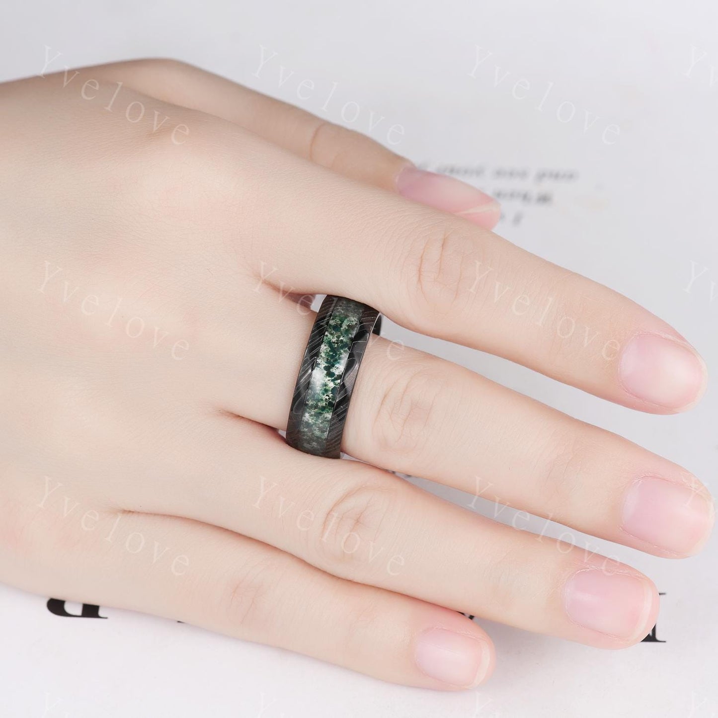 Unique Kite Cut Moss Agate Couple Ring Set Gothic Black Gold Couple Wedding Band Mens Moss Agate Tungsten Ring Couples Promise Ring Set