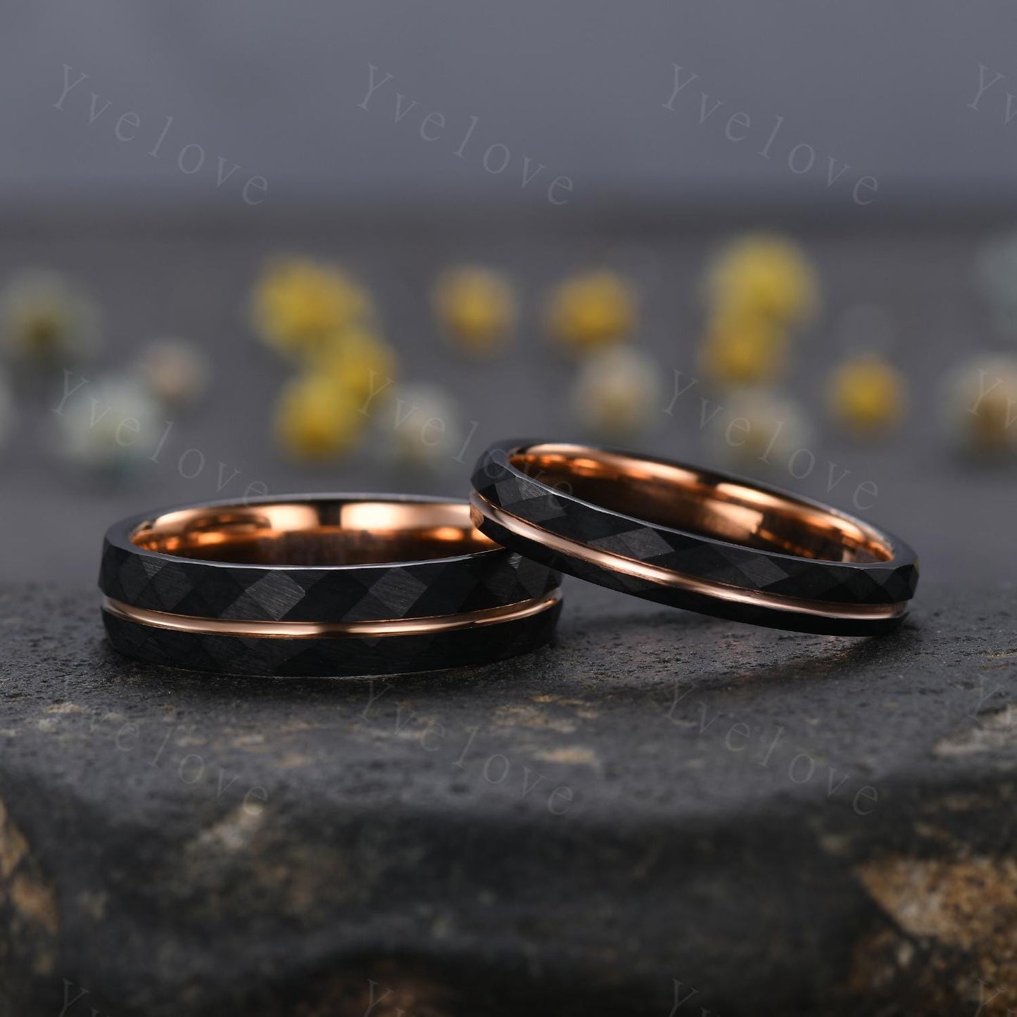 4mm/6mm Couples Ring Wedding Band Set,Black Tungsten Wedding Rings for Men Women,Rose Gold Faceted Promise Wedding Bands for Him and Her