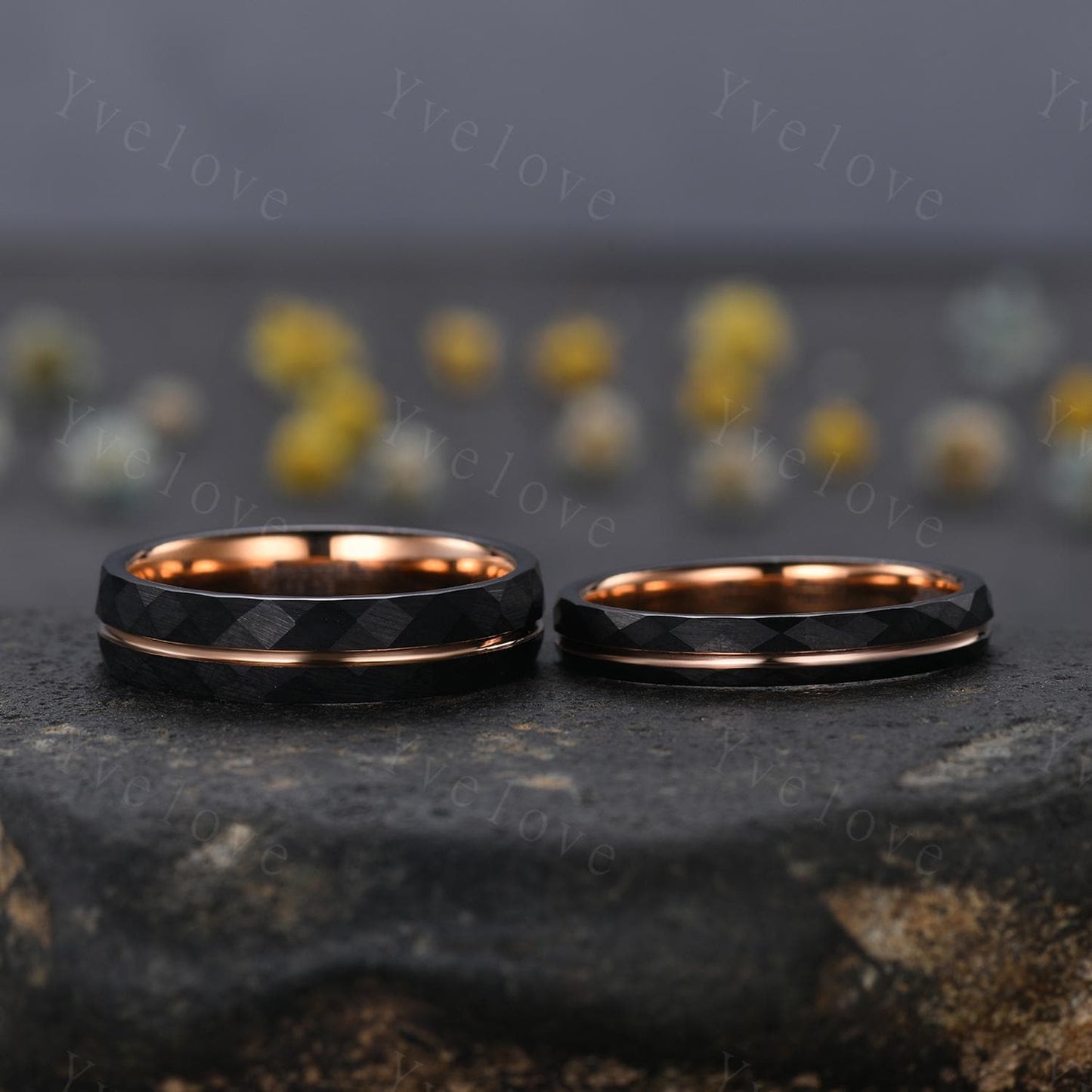 4mm/6mm Couples Ring Wedding Band Set,Black Tungsten Wedding Rings for Men Women,Rose Gold Faceted Promise Wedding Bands for Him and Her