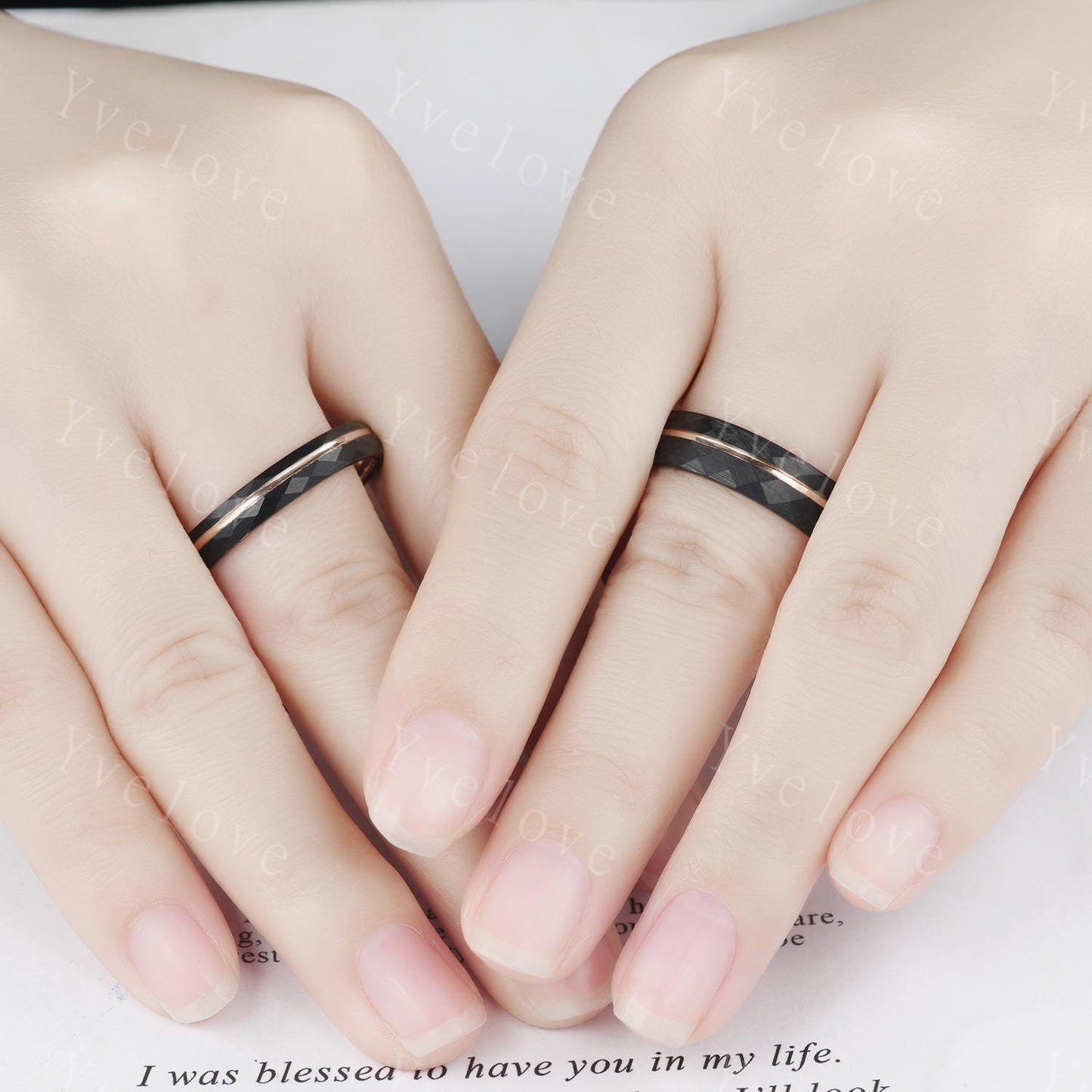 4mm/6mm Couples Ring Wedding Band Set,Black Tungsten Wedding Rings for Men Women,Rose Gold Faceted Promise Wedding Bands for Him and Her