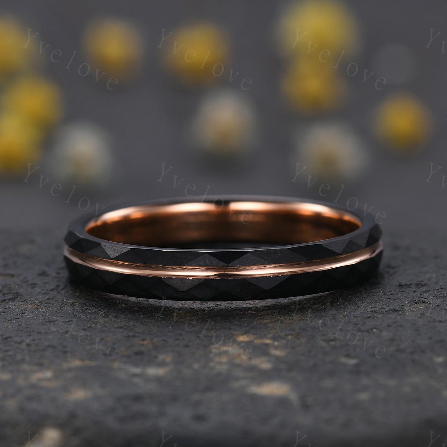 4mm/6mm Couples Ring Wedding Band Set,Black Tungsten Wedding Rings for Men Women,Rose Gold Faceted Promise Wedding Bands for Him and Her